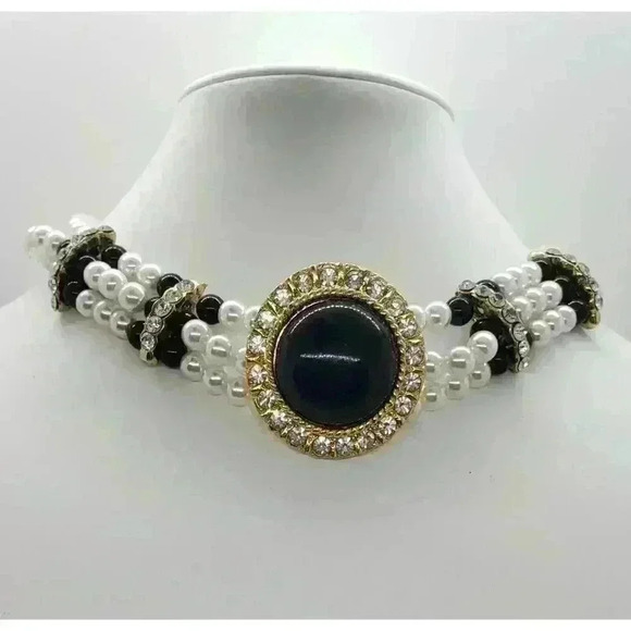 Vintage 3 Strand Faux Pearl Choker Black Pendant & Rhinestones Necklace Classy